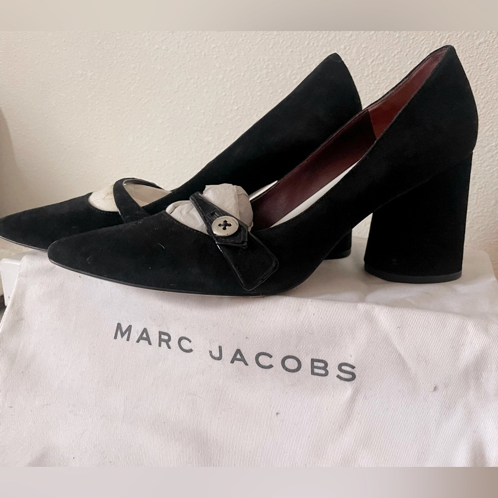 Marc Jacobs Black Suede button strap Mary Jane’s